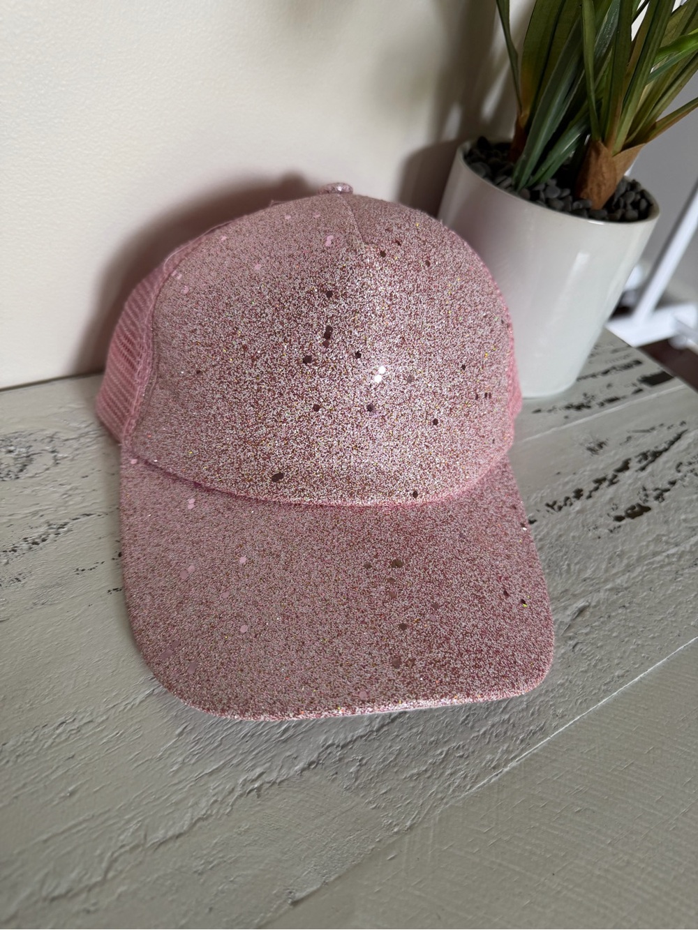 Sparkle Mesh-Back Pink Glitter Baseball Cap for Women